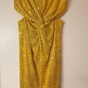 Mac Duggal Gold Sequin Strapless Twist Front Gown
